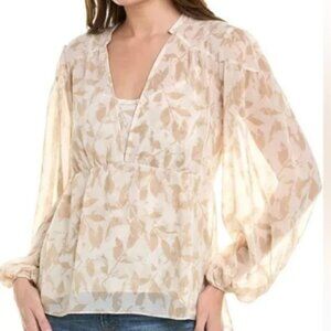 Cabi Couplet Blouse Top with Cami Cream Tan Leaf Design - Large